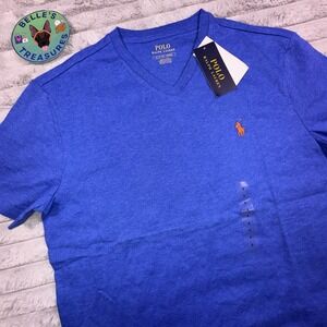 Polo Ralph Lauren Small Classic Fit‎ Soft Cotton V-Neck Shirt Bright Blue Orange